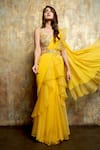 Buy_Dajwaree_Yellow Organza Embroidered Bead Sunflower Pre-draped Ruffled Saree With Blouse _Online_at_Aza_Fashions