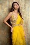 Dajwaree_Yellow Organza Embroidered Bead Sunflower Pre-draped Ruffled Saree With Blouse _at_Aza_Fashions