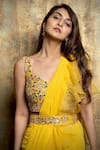 Shop_Dajwaree_Yellow Organza Embroidered Bead Sunflower Pre-draped Ruffled Saree With Blouse _at_Aza_Fashions