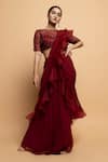 Buy_Dajwaree_Maroon Organza Embroidered Cutdana Boat Dahlia Pre-draped Ruffled Saree Set _at_Aza_Fashions