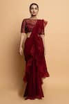 Dajwaree_Maroon Organza Embroidered Cutdana Boat Dahlia Pre-draped Ruffled Saree Set _Online_at_Aza_Fashions