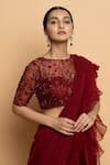 Shop_Dajwaree_Maroon Organza Embroidered Cutdana Boat Dahlia Pre-draped Ruffled Saree Set _at_Aza_Fashions