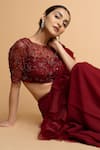 Buy_Dajwaree_Maroon Organza Embroidered Cutdana Boat Dahlia Pre-draped Ruffled Saree Set 