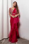 Buy_Dajwaree_Red Organza Embroidered Thread Leaf Hibiscus Pre-draped Ruffled Saree Set_at_Aza_Fashions