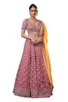 Buy_RAJ ARORA_Pink Georgette Embroidered Sequins Leaf Neck Bridal Lehenga Set_Online_at_Aza_Fashions