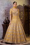 Buy_RAJ ARORA_Yellow Taffeta Embroidered Gota Leaf Neck Anarkali With Dupatta _at_Aza_Fashions