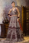 Buy_RAJ ARORA_Wine Taffeta Silk Embroidered Resham V Neck Bridal Lehenga Set _at_Aza_Fashions