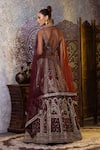 Shop_RAJ ARORA_Wine Taffeta Silk Embroidered Resham V Neck Bridal Lehenga Set _at_Aza_Fashions