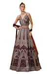 RAJ ARORA_Wine Taffeta Silk Embroidered Resham V Neck Bridal Lehenga Set _Online_at_Aza_Fashions