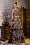 Buy_RAJ ARORA_Wine Taffeta Silk Embroidered Resham V Neck Bridal Lehenga Set _Online_at_Aza_Fashions