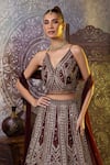 Shop_RAJ ARORA_Wine Taffeta Silk Embroidered Resham V Neck Bridal Lehenga Set _Online_at_Aza_Fashions