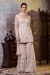 Buy_RAJ ARORA_Cream Net Embroidered Cutdana V Neck Short Kurta Gharara Set _at_Aza_Fashions