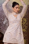 RAJ ARORA_Cream Net Embroidered Cutdana V Neck Short Kurta Gharara Set _at_Aza_Fashions