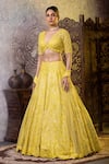 Shop_RAJ ARORA_Yellow Net Embroidered Resham V Neck And Sequins Blouse Lehenga Set _Online_at_Aza_Fashions