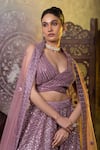 RAJ ARORA_Purple Net Embroidered Mirror Leaf Neck And Dori Blouse Lehenga Set _Online_at_Aza_Fashions