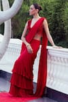 Buy_Khushboo Chugh_Red Georgette Embellished Beads Tiered Solid Pre-draped Saree With Blouse _at_Aza_Fashions