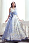 Buy_Khushboo Chugh_Blue Organza Embellished Beads V-neck Floral Resham Embroidered Lehenga Set _at_Aza_Fashions