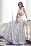 Buy_Khushboo Chugh_Blue Organza Embellished Beads V-neck Floral Resham Embroidered Lehenga Set _Online_at_Aza_Fashions