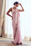 Buy_Khushboo Chugh_Pink Satin Embellished Beads V-neck Floral Embroidered Border Saree With Blouse _at_Aza_Fashions