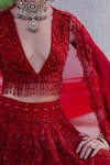 Khushboo Chugh_Red Crepe Embellished Beads Plunge V-neck Floral Tassel Bridal Lehenga Set _at_Aza_Fashions