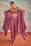 Buy_Priyanka Singh_Purple Crepe Print Beads Sweetheart Abstract Patch Embroidered Shrug Pant Set _at_Aza_Fashions