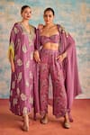 Priyanka Singh_Purple Crepe Print Beads Sweetheart Abstract Patch Embroidered Shrug Pant Set _at_Aza_Fashions