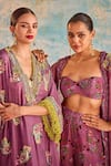 Shop_Priyanka Singh_Purple Crepe Print Beads Sweetheart Abstract Patch Embroidered Shrug Pant Set 