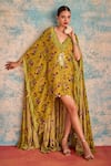 Buy_Priyanka Singh_Yellow Crepe Print Floral V Neck Asymmetric Boho Dress _at_Aza_Fashions