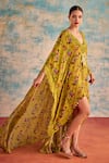 Priyanka Singh_Yellow Crepe Print Floral V Neck Asymmetric Boho Dress _Online_at_Aza_Fashions