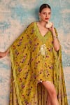 Buy_Priyanka Singh_Yellow Crepe Print Floral V Neck Asymmetric Boho Dress _Online_at_Aza_Fashions