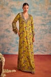 Buy_Priyanka Singh_Yellow Silk Print Floral V Neck Farshi Dress _at_Aza_Fashions