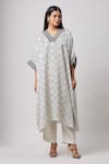 Buy_Sanjev Marwaaha_Ivory Mini Silk Hand Block Printed Geometrc V Neck Kaftan And Pant Set _at_Aza_Fashions