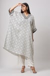 Buy_Sanjev Marwaaha_Ivory Mini Silk Hand Block Printed Geometrc V Neck Kaftan And Pant Set _Online_at_Aza_Fashions