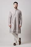 Buy_Sanjev Marwaaha_Grey Cotton Silk Embroidered Mughal Motif Butti Kurta And Pant Set _at_Aza_Fashions