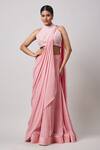 Buy_Sanjev Marwaaha_Pink Soy Silk Hand Embroidery Pearl Halter Neck Pre-draped Saree With Blouse _at_Aza_Fashions