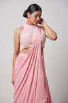 Shop_Sanjev Marwaaha_Pink Soy Silk Hand Embroidery Pearl Halter Neck Pre-draped Saree With Blouse_at_Aza_Fashions