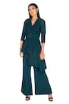 Buy_One Knot One By Ashna_Green Double Georgette Embroidery Bead Tassel V Neck Blazer Pant Set _at_Aza_Fashions