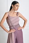Shop_One Knot One_Purple Chinon Chiffon Embroidery Sequin V Neck Stripe Jumpsuit_Online_at_Aza_Fashions
