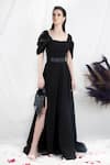 Buy_One Knot One By Ashna_Black Polyester, Crepe Buckles, Beads Square Neck Draped Sleeve Gown With Belt _at_Aza_Fashions