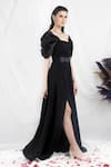 Buy_One Knot One By Ashna_Black Polyester, Crepe Buckles, Beads Square Neck Draped Sleeve Gown With Belt _Online_at_Aza_Fashions