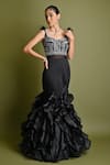 Buy_One Knot One_Black Italian Satin Embroidery Sequin Geometric Neck Fishcut Ruffle Gown _at_Aza_Fashions