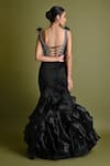 Shop_One Knot One_Black Italian Satin Embroidery Sequin Geometric Neck Fishcut Ruffle Gown _at_Aza_Fashions