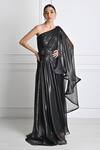 Shop_One Knot One_Black Metallic Georgette Embroidery Bead Asymmetric One Shoulder Gown _at_Aza_Fashions