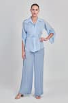 Buy_One Knot One_Blue Double Georgette Embroidery Bead Collar Floral Placement Shirt And Pant Set _at_Aza_Fashions