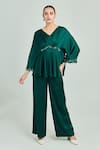 Buy_One Knot One_Emerald Green Hammer Satin Embroidery Sequin V Neck Placement Top And Pant Set _at_Aza_Fashions