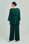 Shop_One Knot One_Emerald Green Hammer Satin Embroidery Sequin V Neck Placement Top And Pant Set _at_Aza_Fashions