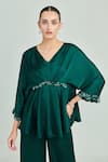 Buy_One Knot One By Ashna_Emerald Green Hammer Satin Embroidery Sequin V Neck Placement Top And Pant Set _Online_at_Aza_Fashions