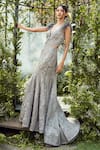 Buy_Varun Chakkilam_Grey Organza Embroidery Floral Plunging V Neck Crystal Gown _at_Aza_Fashions