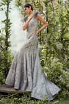 Shop_Varun Chakkilam_Grey Organza Embroidery Floral Plunging V Neck Crystal Gown _at_Aza_Fashions