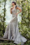 Varun Chakkilam_Grey Organza Embroidery Floral Plunging V Neck Crystal Gown _Online_at_Aza_Fashions